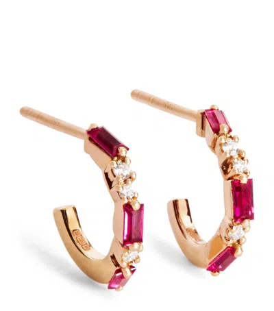 Suzanne Kalan Rose Gold, Ruby And Diamond Thin Mix Hoop Earrings