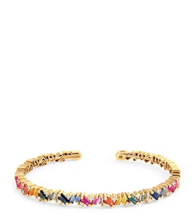 Suzanne Kalan Small Yellow Gold, Rainbow Sapphire And Diamond Frenzy Bangle
