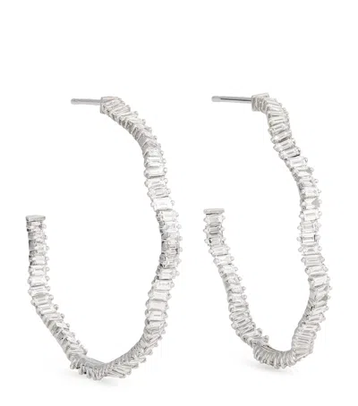 Suzanne Kalan White Gold And Diamond Classic Fireworks Wave Hoop Earrings