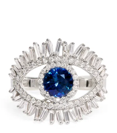 Suzanne Kalan White Gold, Diamond And Blue Sapphire Milli Evil Eye Ring In Silver