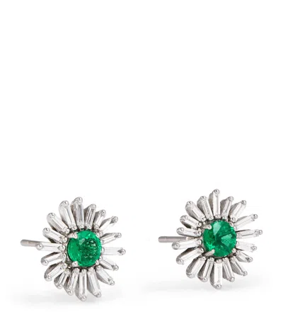Suzanne Kalan White Gold, Diamond And Emerald One Of A Kind Flower Earrings