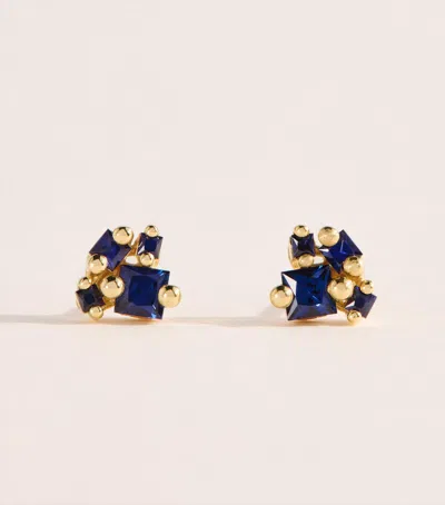 Suzanne Kalan Yellow Gold And Sapphire Princess Double Cluster Stud Earrings In Blue