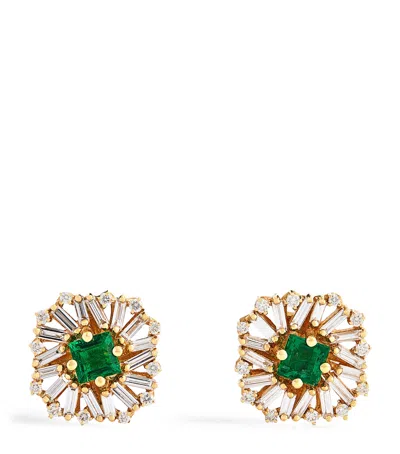 Suzanne Kalan Yellow Gold, Diamond And Emerald Flower Stud Earrings