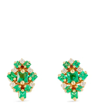 Suzanne Kalan Yellow Gold, Diamond And Emerald La Fantaisie Stud Earrings