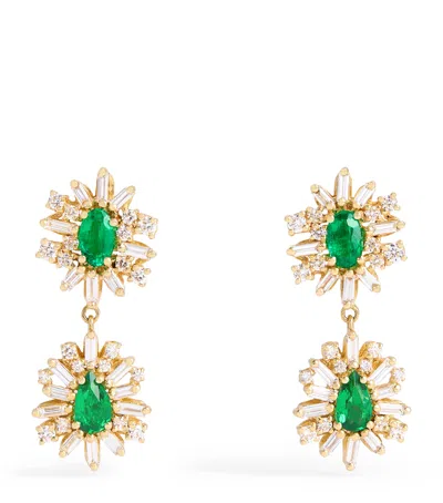 Suzanne Kalan Yellow Gold, Diamond And Emerald One Of A Kind Drop Earrings