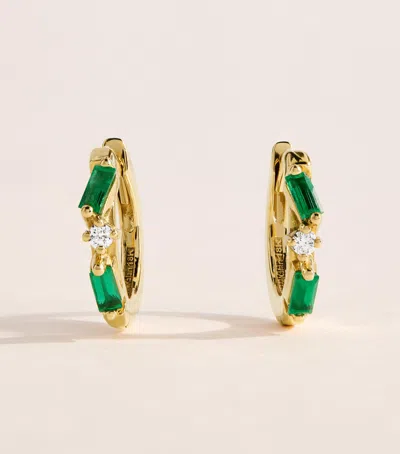 Suzanne Kalan Yellow Gold, Diamond And Emerald Thin Mix Huggie Earrings In Green