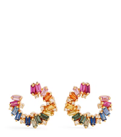 Suzanne Kalan Yellow Gold, Diamond And Rainbow Sapphire Shimmer Sideways Hoop Earrings