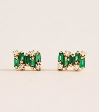Suzanne Kalan Yellow Gold, Emerald And Diamond Shimmer Earrings In Black