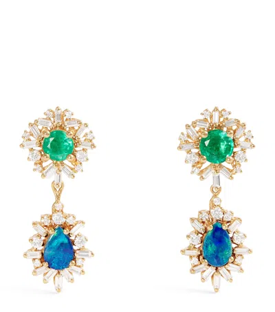 Suzanne Kalan Yellow Gold, Emerald, Opal And Diamond One Of A Kind Drop Earrings