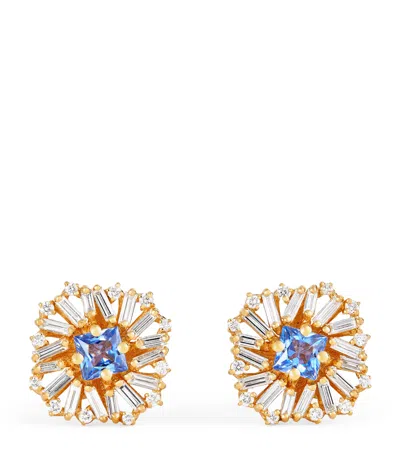 Suzanne Kalan Yellow Gold, White Diamond And Sapphire Princess Earrings