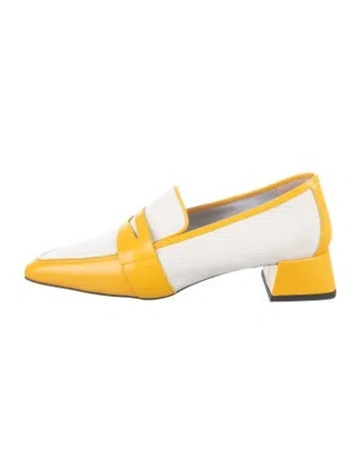 Pre-owned Suzanne Rae Canvas Leather Trim Embellishment Loafers In Yellow