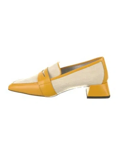 Pre-owned Suzanne Rae Canvas Leather Trim Embellishment Loafers In Yellow