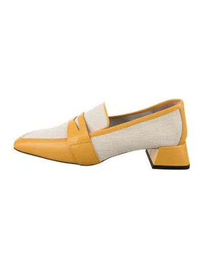 Pre-owned Suzanne Rae Canvas Leather Trim Embellishment Loafers In Yellow