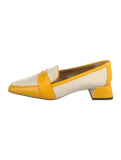 Pre-owned Suzanne Rae Canvas Leather Trim Embellishment Loafers In Yellow
