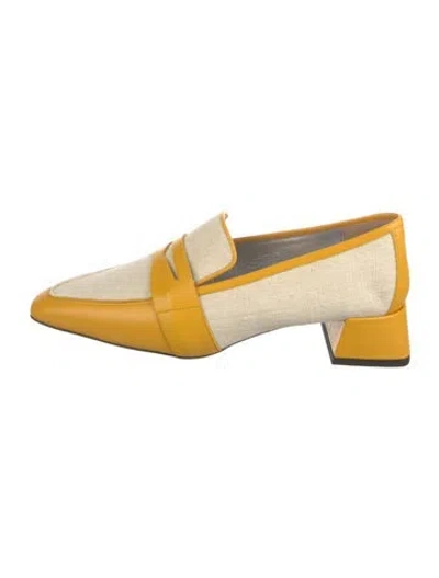 Pre-owned Suzanne Rae Canvas Leather Trim Embellishment Loafers In Yellow