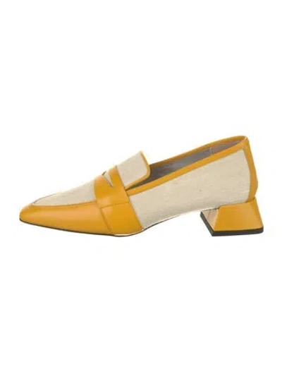 Pre-owned Suzanne Rae Canvas Leather Trim Embellishment Loafers In Yellow