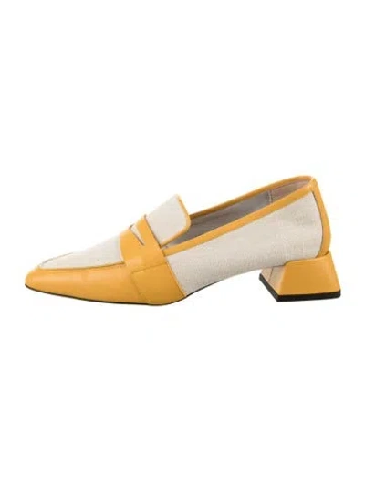 Pre-owned Suzanne Rae Canvas Leather Trim Embellishment Loafers In Yellow