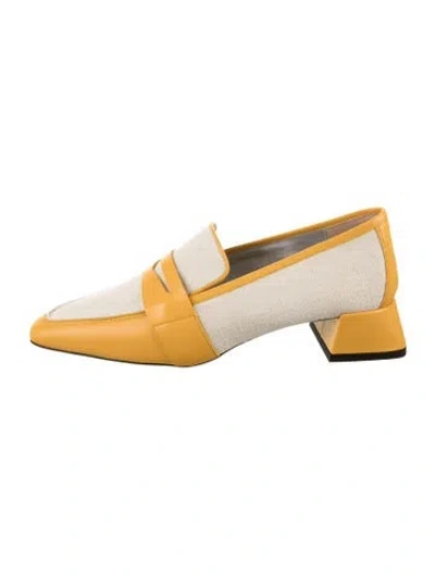 Pre-owned Suzanne Rae Canvas Leather Trim Embellishment Loafers In Yellow