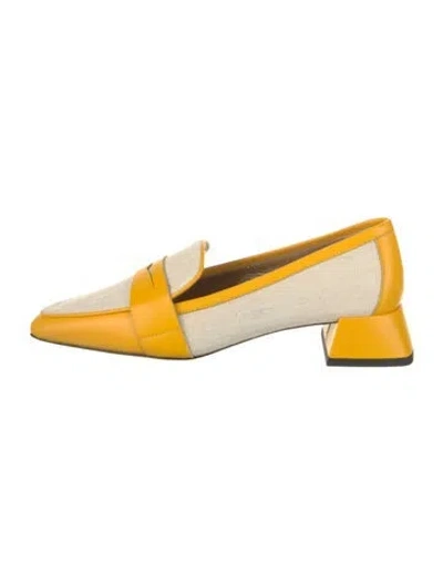 Pre-owned Suzanne Rae Canvas Leather Trim Embellishment Loafers In Yellow