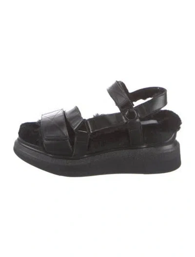 Pre-owned Suzanne Rae Shearling Fur Trim Slingback Sandals In Black