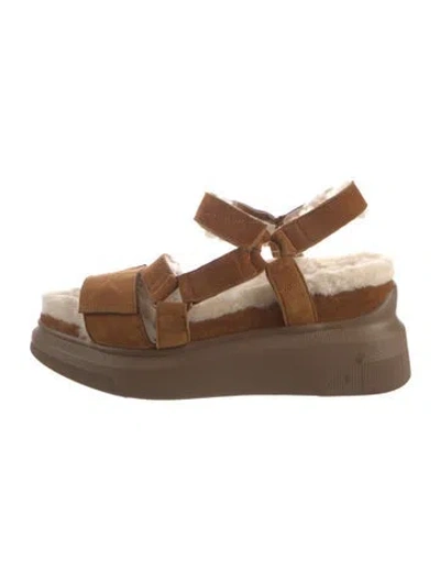 Pre-owned Suzanne Rae Suede Fur Trim Sandals In Brown