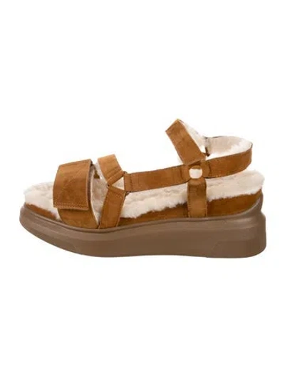 Pre-owned Suzanne Rae Suede Fur Trim Sandals In Brown