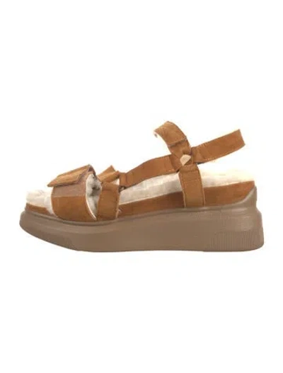 Pre-owned Suzanne Rae Suede Fur Trim Sandals In Brown