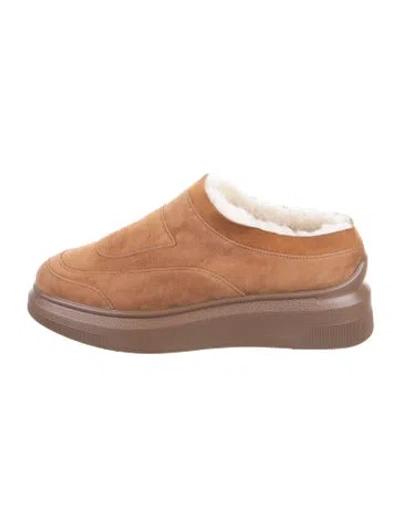 Pre-owned Suzanne Rae Suede Fur Trim Slides In Brown