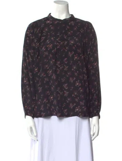 Pre-owned Suzie Kondi Floral Print Mock Neck Blouse In Black