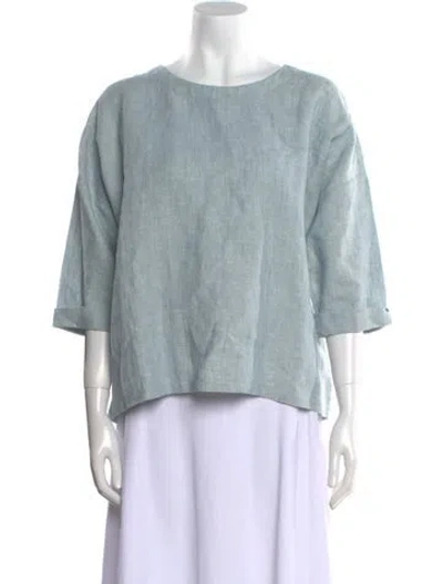 Pre-owned Suzie Kondi Linen Bateau Neckline Blouse In Blue