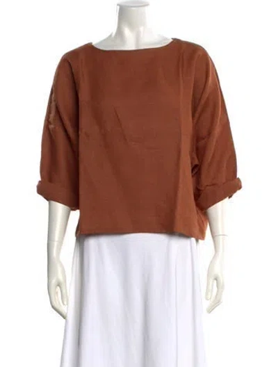 Pre-owned Suzie Kondi Linen Bateau Neckline Blouse In Orange
