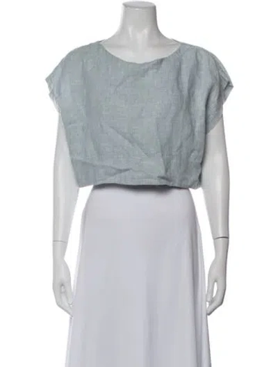 Pre-owned Suzie Kondi Linen Bateau Neckline Crop Top In Blue