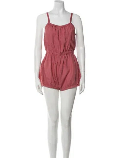 Pre-owned Suzie Kondi Linen Square Neckline Romper In Red