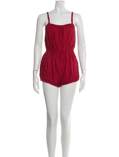Pre-owned Suzie Kondi Linen Square Neckline Romper In Red