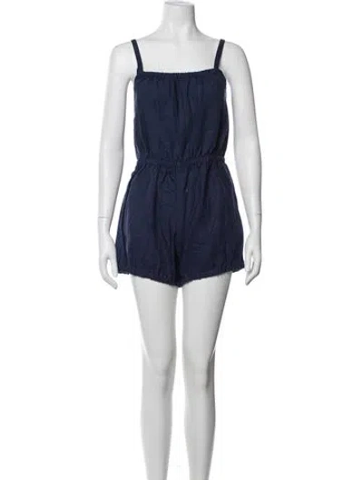 Pre-owned Suzie Kondi Linen Square Neckline Romper W/ Tags In Blue