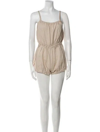 Pre-owned Suzie Kondi Linen Square Neckline Romper W/ Tags In Neutral