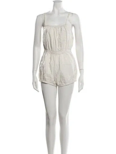 Pre-owned Suzie Kondi Linen Square Neckline Romper In White