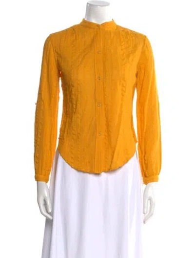 Pre-owned Suzie Kondi Mock Neck Long Sleeve Button-up Top In Orange
