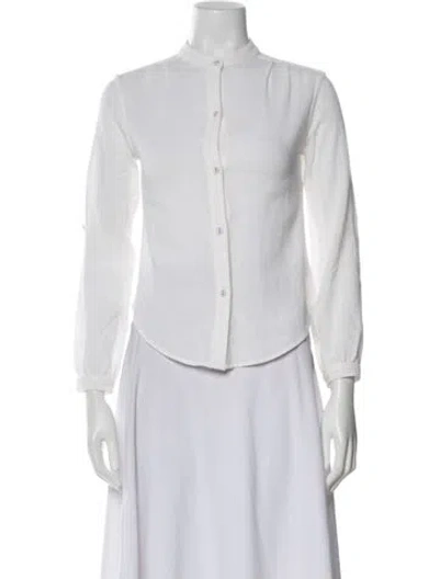 Pre-owned Suzie Kondi Mock Neck Three-quarter Sleeve Button-up Top In White
