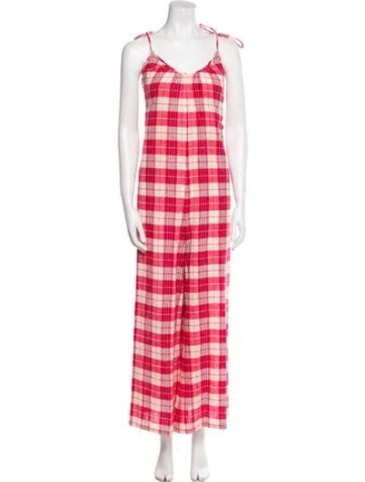 Pre-owned Suzie Kondi Plaid Print Scoop Neck Jumpsuit In Red