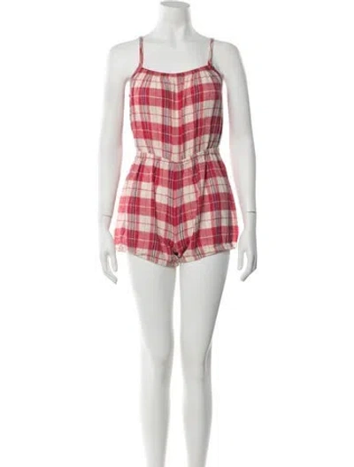 Pre-owned Suzie Kondi Plaid Print Scoop Neck Romper In Red