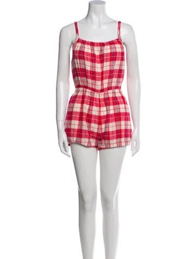 Pre-owned Suzie Kondi Plaid Print Square Neckline Romper In Red