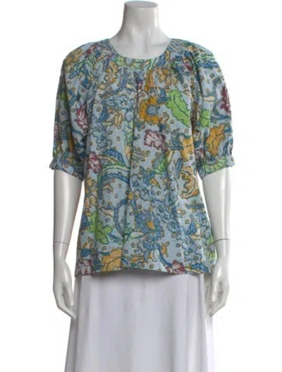 Pre-owned Suzie Kondi Printed Crew Neck Top In Blue