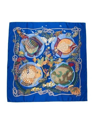 Pre-owned Suzie Kondi Silk Graphic Print Scarf In Blue