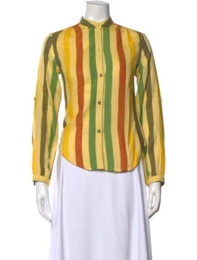 Pre-owned Suzie Kondi Striped Long Sleeve Button-up Top W/ Tags In Yellow