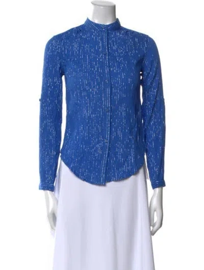 Pre-owned Suzie Kondi Striped Mock Neck Button-up Top In Blue