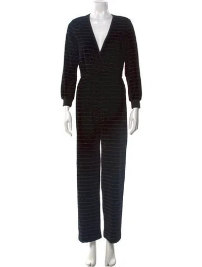 Pre-owned Suzie Kondi Striped Plunge Neckline Jumpsuit In Black