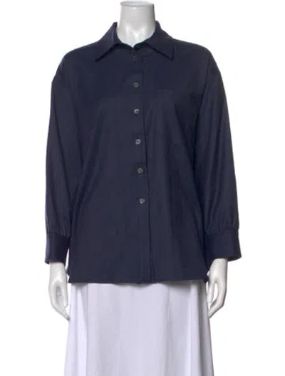 Pre-owned Suzie Kondi Virgin Wool Long Sleeve Button-up Top In Blue