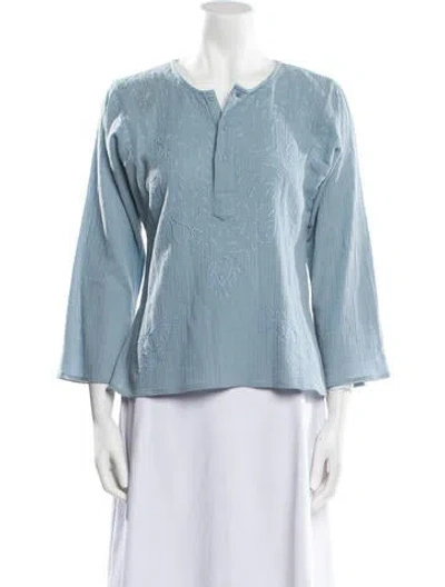 Pre-owned Suzie Kondi V-neck Three-quarter Sleeve Blouse In Blue