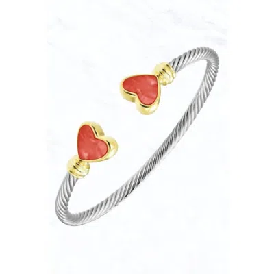 Suzie Q Usa Women's Twisted Cable Open Bracelet With Hearts In Red